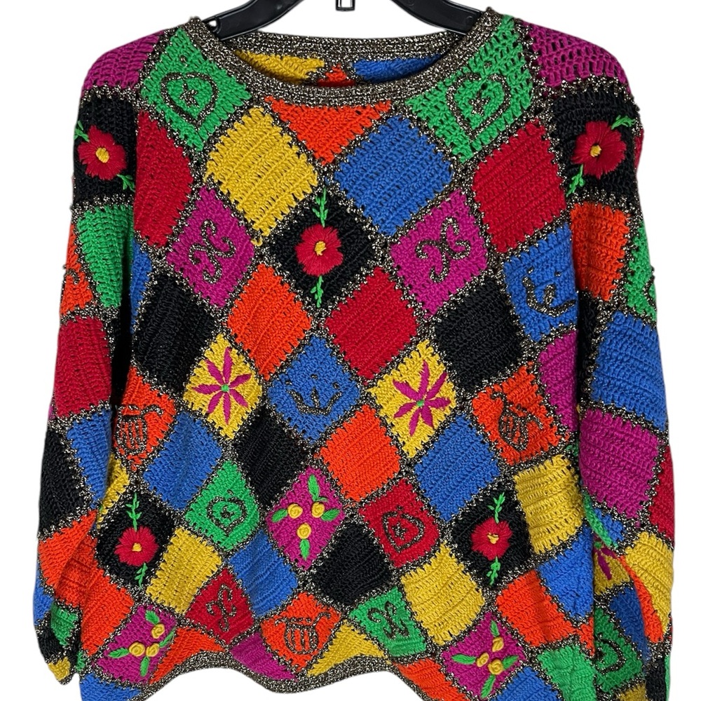 Vintage Hand-Knit Colorful Multicolor Patchwork Sweater